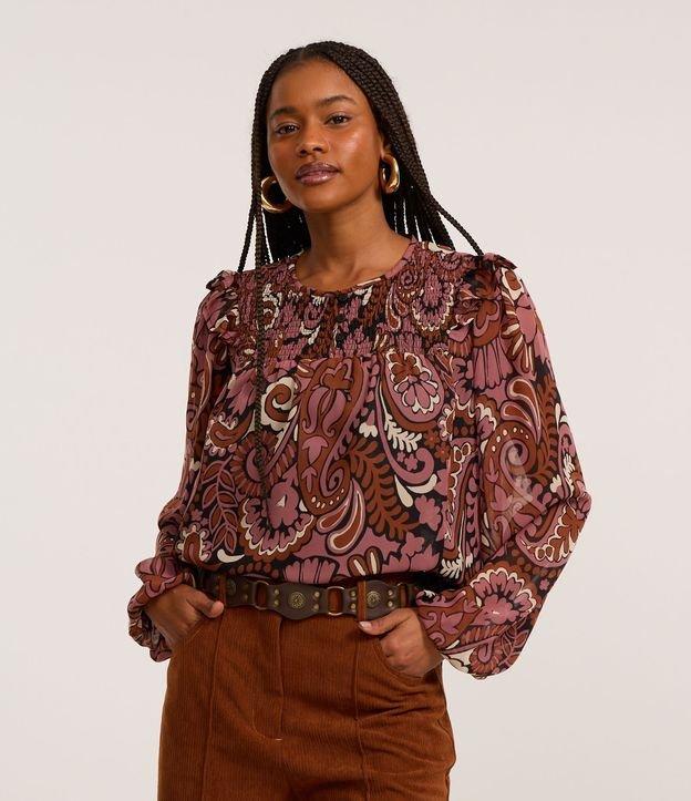 Blusa Bata em Curta em Chiffon com Pala em Lastex e Estampa Paisley - 2