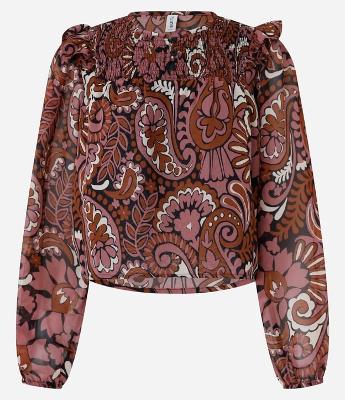 Blusa Bata em Curta em Chiffon com Pala em Lastex e Estampa Paisley