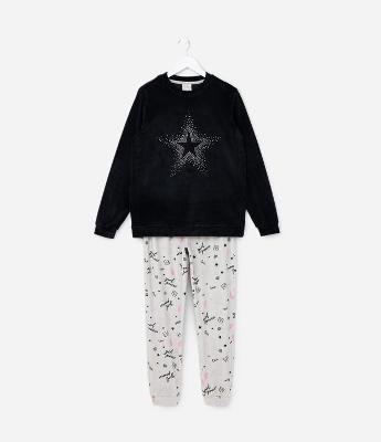 Pijama Infantil Longo em Plush com Estrela de Strass - Tam 5 ao 14 anos