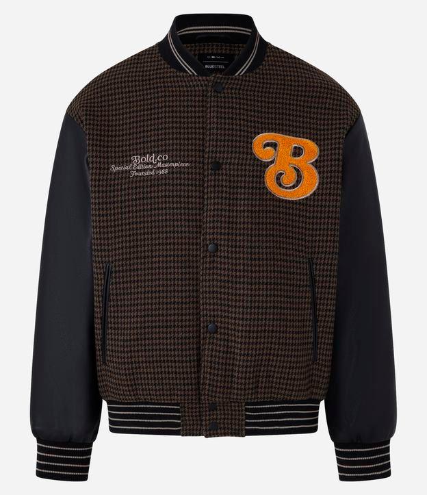 Jaqueta Bomber College com Estampa Bordada e Mangas em Pu - 1