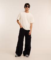 Calça Mega Baggy em Sarja com Bolso Cargo - 1