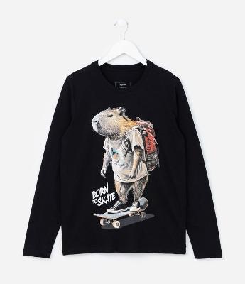 Camiseta Infantil com Estampa Capivara Skatista - Tam 5 a 14 Anos