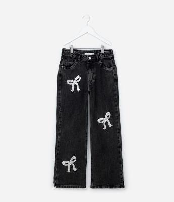 Calça Wide Leg Infantil com Laços Bordados em Paetês - Tam 5 a 14 Anos