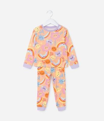 Pijama Infantil com Estampa Arco Íris e Flores - Tam 1 a 4 Anos