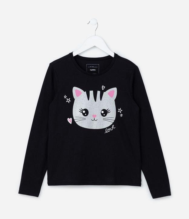 Camiseta Infantil com Estampa Cara de Gatinho - Tam 5 a 14 Anos - 1