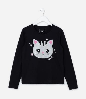 Camiseta Infantil com Estampa Cara de Gatinho - Tam 5 a 14 Anos