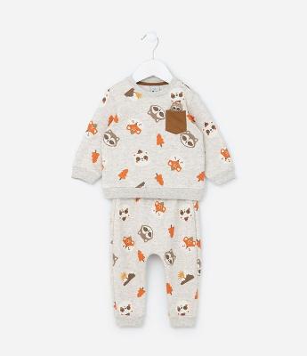 Conjunto Infantil com Bolsinho e Estampa Bichinhos - Tam 0 a 18 meses