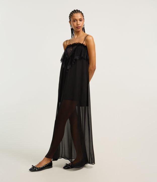 Vestido Longo em Renda com Babado e Transparência - 1