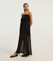 Vestido Longo em Renda com Babado e Transparência - 1