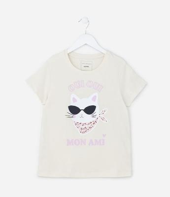 Camiseta Infantil com Estampa Gatinha de Óculos - Tam 5 a 14 Anos