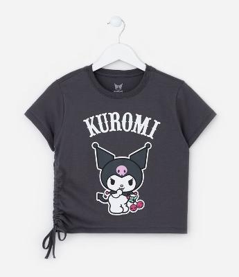 Camiseta Infantil com Amarração e Estampa Kuromi - Tam 5 a 14 Anos