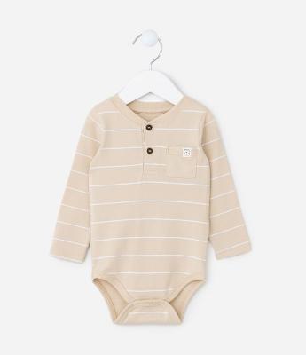 Body Infantil com Estampa de Listras e Bolsinho - Tam 0 a 18 meses