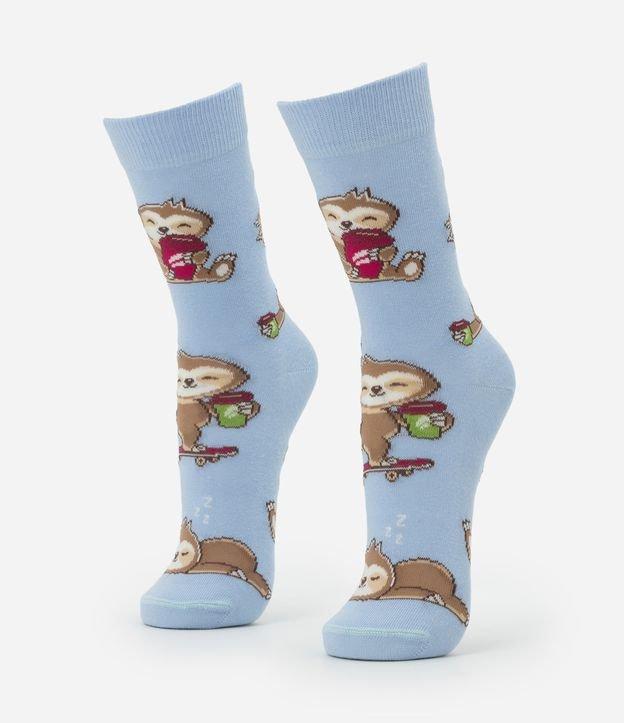 Meia Cano Alto em Algodão com Estampa de Bicho Preguiça e Café - 1