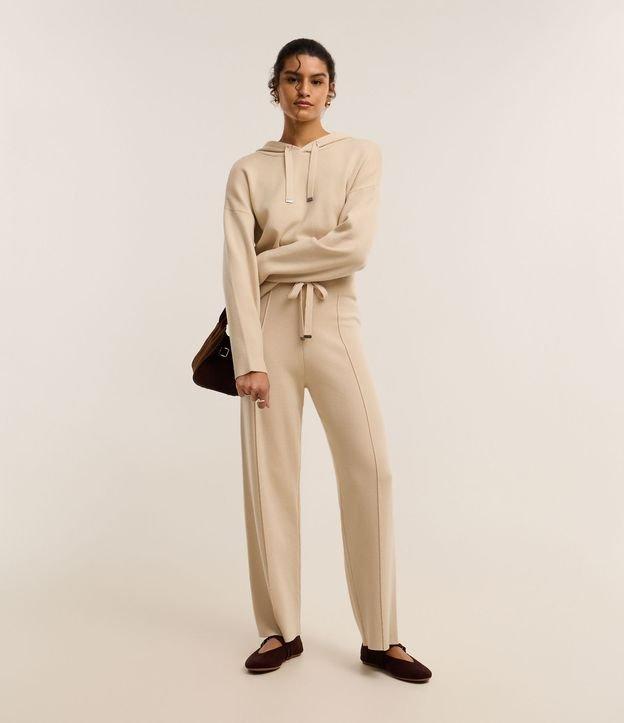 Calça Wide Leg em Tricô com Cós de RIbana e Frisos - 2