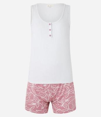 Pijama Short Doll em Ribana com Botões e Estampa de Folhagem