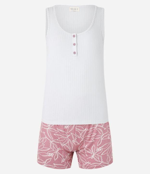 Pijama Short Doll em Ribana com Botões e Estampa de Folhagem - 1