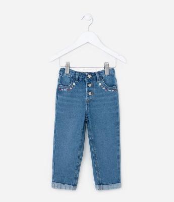 Calça Infantil em Jeans com Bordado Floral - Tam 1 a 6 Anos