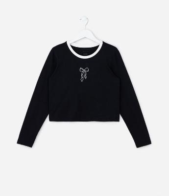 Camiseta Curta Infantil com Bordado Laço - Tam 5 a 14 Anos