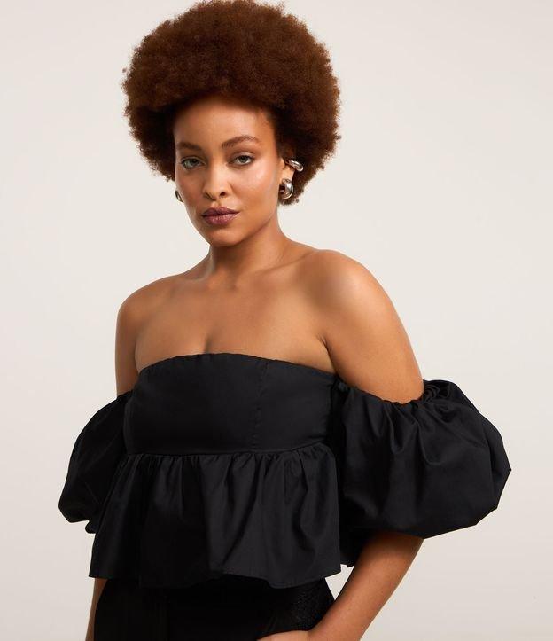 Blusa Cropped em Tricoline com Manga Bufante - 1