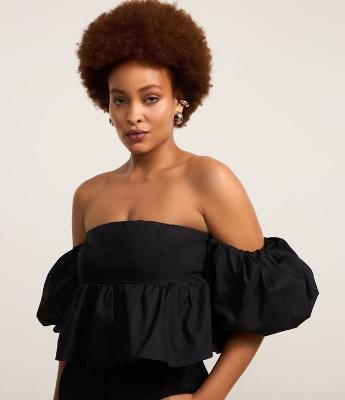 Blusa Cropped em Tricoline com Manga Bufante