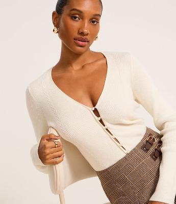 Cardigan Canelado em Tricô com Botões de Pérolas