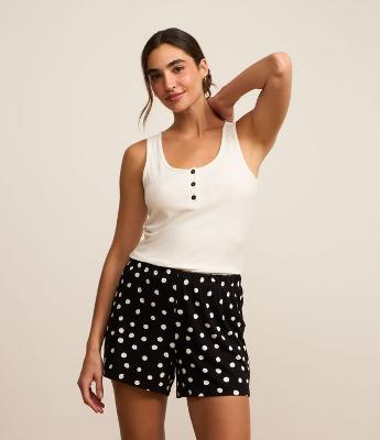 Pijama Short Doll em Ribana com Botões e Short Poá