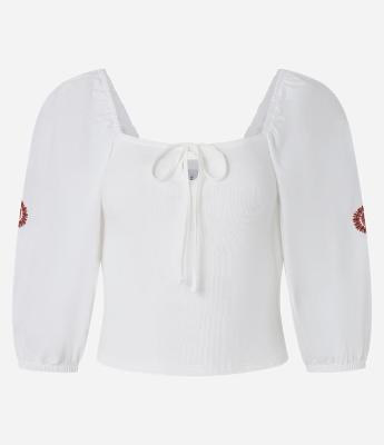 Blusa em Ribana com Amarração e Manga Bordada Paisley