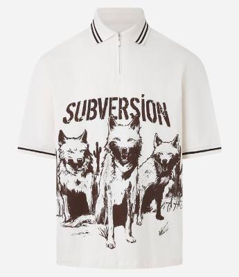Camisa Oversized Gola Polo com Zíper em Algodão com Estampa de Lobos "Subversion"