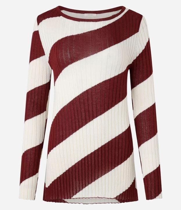 Suéter Slim em Tricô com Decote Canoa e Listras Espiral - 1