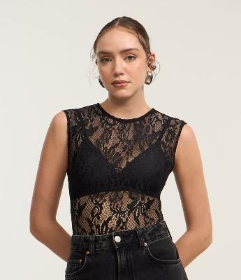 Body em Renda Floral com Transparência