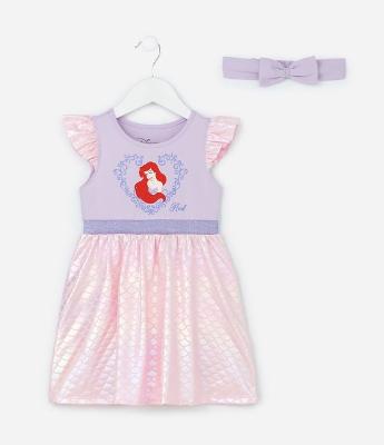 Vestido Infantil com Estampa Ariel Holográfico - Tam 1 a 6 Anos