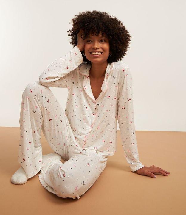 Pijama Americano Longo em Viscose com Estampa de Lacinhos - 3