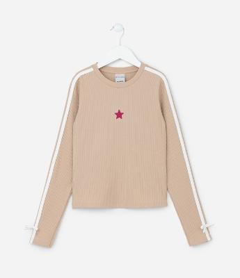 Camiseta Infantil Canelada com Listra e Laços na Manga - Tam 5  14 Anos