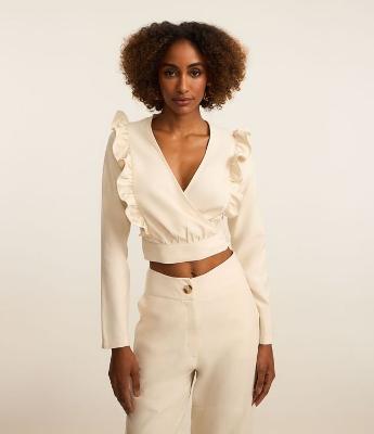 Blusa Cropped em Alfaiataria com Amarração e Babado