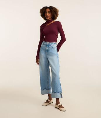 Calça Slouchy em Jeans com Cintura Alta e Barra Dobrada