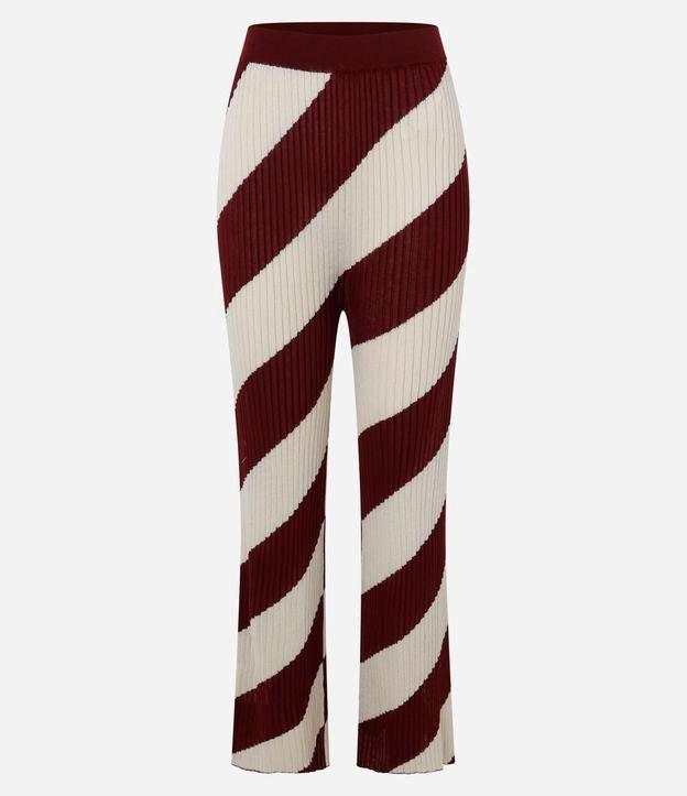 Calça Reta Canelada Cintura Média em Tricô com Listras em Espiral - 1