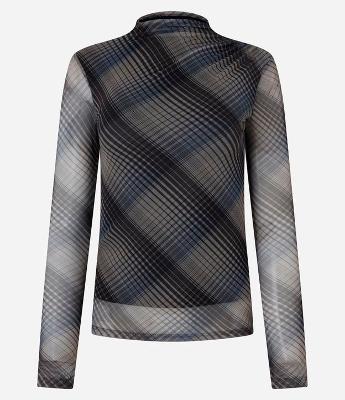 Blusa em Tule com Gola Alta e Estampa Xadrez