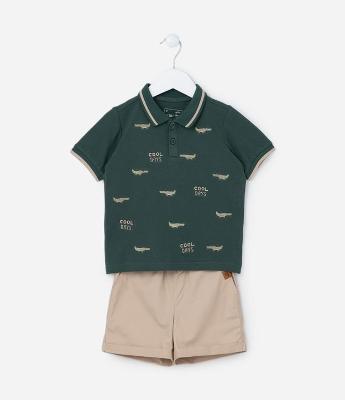 Conjunto Infantil com Polo Bordada e Bermuda em Sarja - 1 a 5/6 Anos