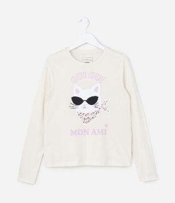 Camiseta Infantil com Estampa Gato de Óculos - Tam 5 a 14 Anos