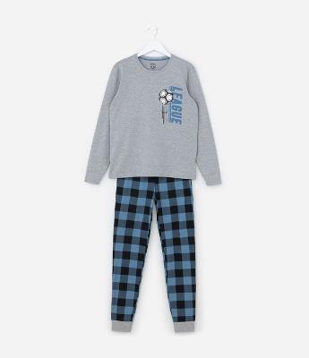 Pijama Infantil Longo com Estampa de Futebol e Xadrez - Tam 6 a 14 Anos