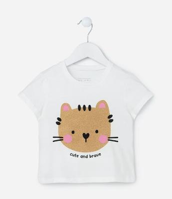 Blusa Infantil com Estampa Gatinho com Glitter - Tam 1 a 6 Anos