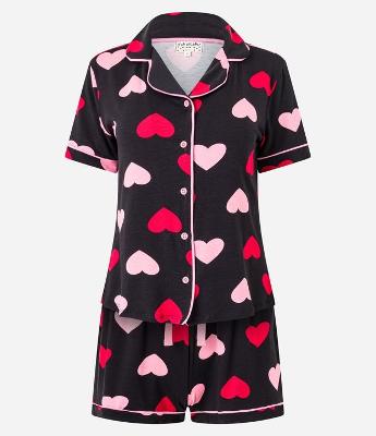 Pijama Americano Short Doll em Viscose com Estampa de Corações