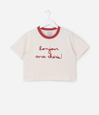 Camiseta Curta Infantil com Bordado Bonjour - Tam 5 a 14 Anos