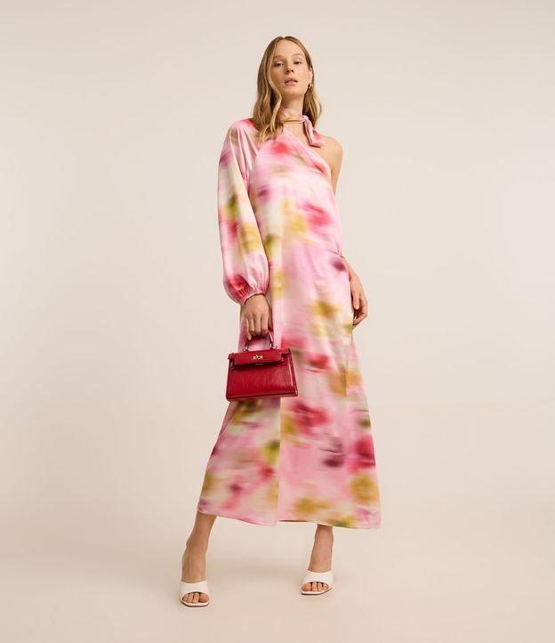 Vestido Longo em Cetim com Ombro Só e Estampa Abstrata - 1