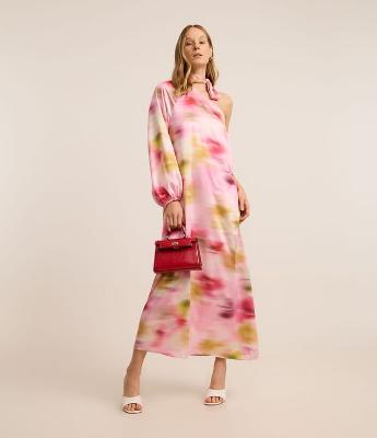 Vestido Longo em Cetim com Ombro Só e Estampa Abstrata