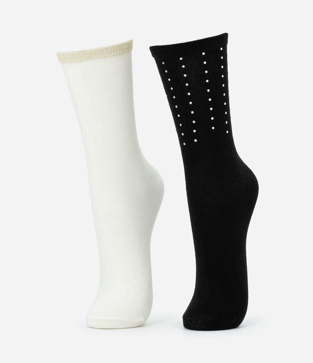 Kit 02 Meias Cano Alto em Algodão com Strass e Fio Metalizado - 1