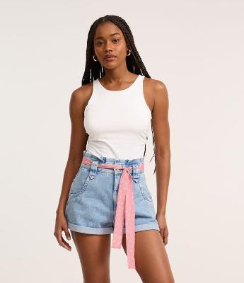 Short Mom em Jeans com Lenço Poá e Barra Dobrada