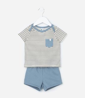 Conjunto Infantil com Bolsinho e Estampa Listrada - Tam 0 a 18 meses
