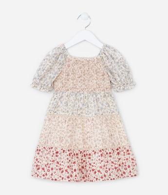 Vestido Infantil com Manga Bufante e Estampa Floral - Tam 1 a 6 Anos