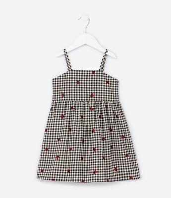 Vestido Infantil com Estampa Xadrez e Joaninhas - Tam 1 a 6 Anos